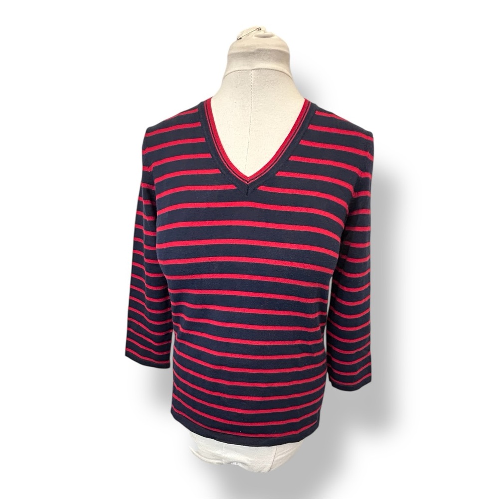 Lauren Ralph Lauren Women’s 3/4 Sleeve V Neck Striped Sweater VTG Y2K Preppy M
